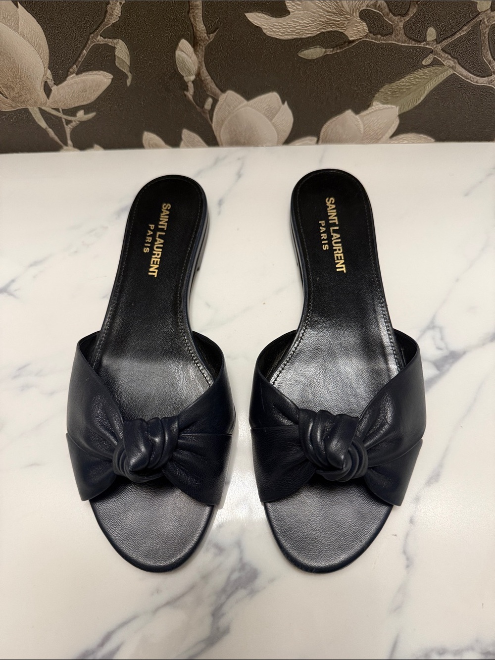 Saint Laurent Black Leather Knot Slide Mules